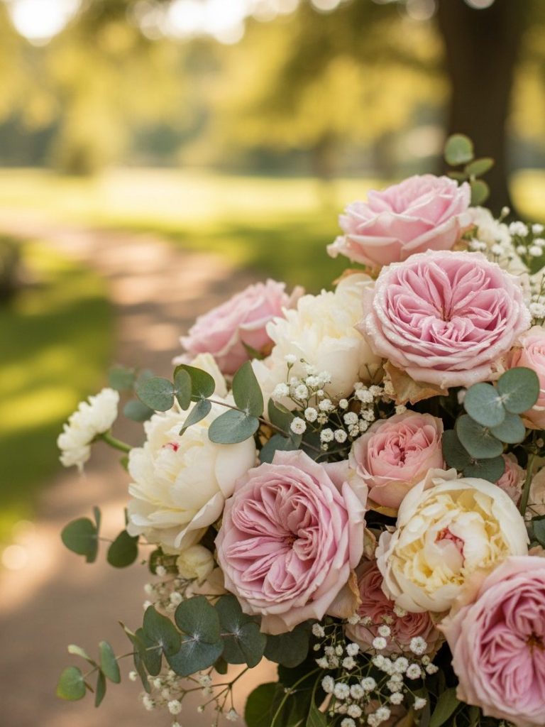 Un ramo de rosas rosadas y blancas con eucalipto sobre un fondo difuminado de un parque soleado.
