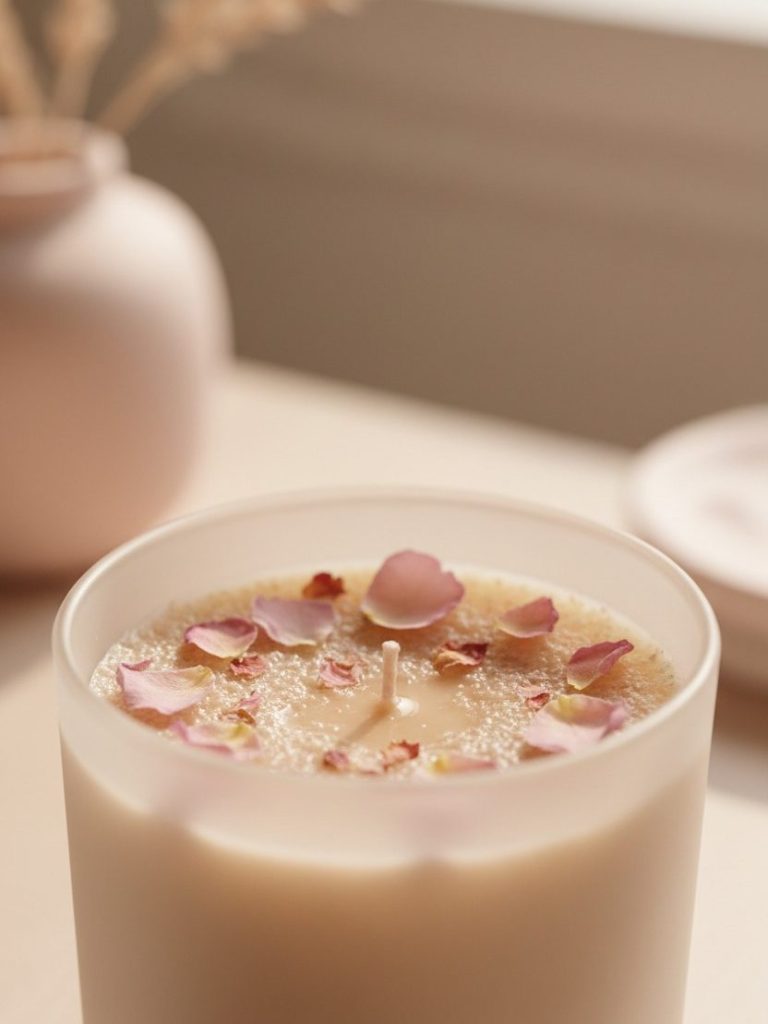 Una vela aromática en un vaso de cristal esmerilado está decorada con pétalos de rosa secos en la superficie.